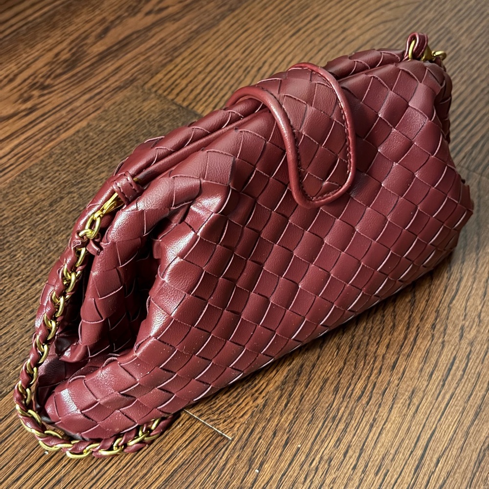 Burgundy Woven Leather Bag on Gold Chain
